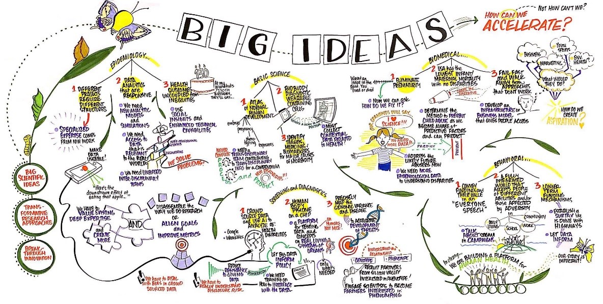 Illustration has the words “Big Ideas” at the top along with smaller sections that  cover  “epidemiology”, “basic science”,  “biomedical…”, “screening and diagnostics”, and “behavioral…” topics. The image  includes sketches of a caterpillar turning into a butterfly, puzzle pieces, a  child saying she loves science, a smartphone, a 130th birthday cake,  a target, and a group with the words “In closing... We are building a platform