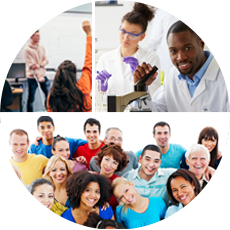 Photo collage of stock images of students in a classroom, researchers, and a diverse group of people