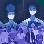 Conceptual illustration of healthcare providers and researchers wearing masks superimposed over a crowd of diverse people.