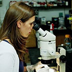 A woman with brown hair wearing a white jacket and white lab gloves peers into a microscope. Bottles and other scientific research equipment are blurred in the background.