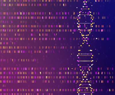 DNA sequencing is visualized as rows of rectangles in shades of purple, orange, and gold along the entire background. On the right side, a DNA strand runs vertical.