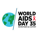 Image of a globe. World AIDS Day 35. Image of a red ribbon. Remember & commit.