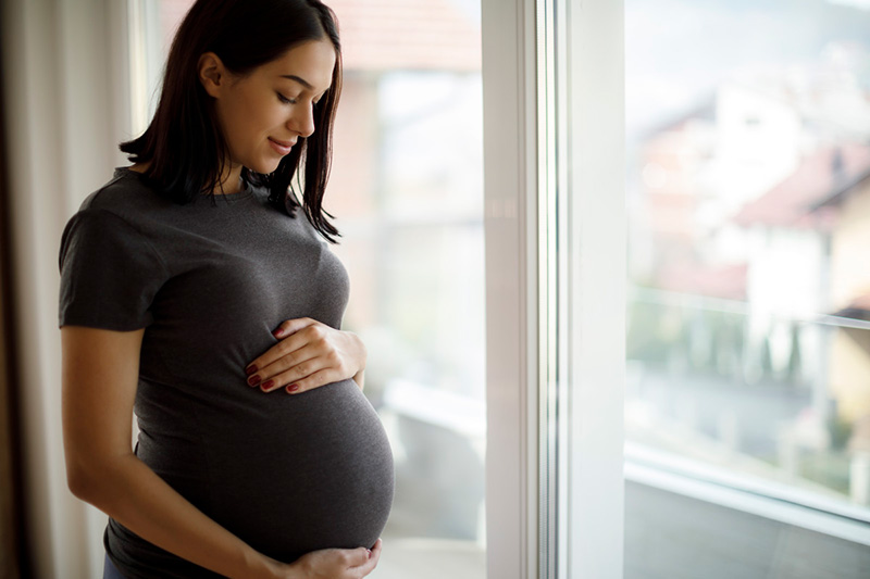 Pregnant woman with her hands on her belly, standing in front of a window.