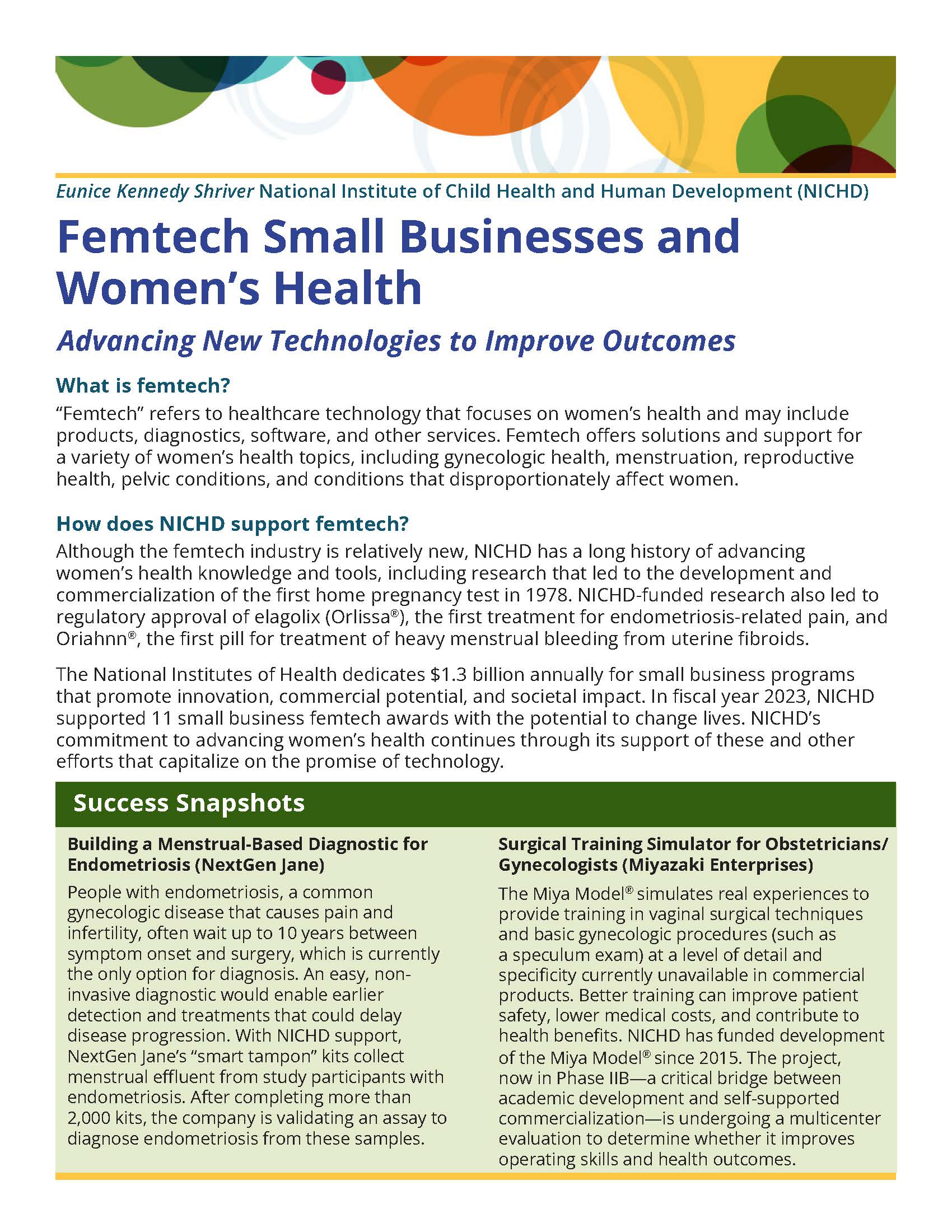 Front of the NICHD "Femtech Small Businesses and Women's Health" Fact Sheet