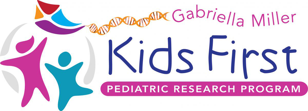 Graphic logo of the Kids First program. The text reads Gabriella Miller Kids First Pediatric Research Program. The icon includes a pink figure and a teal figure underneath a kite that has a string of DNA as its tail. 