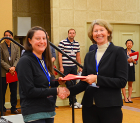 Amber Stratman accepting an award.