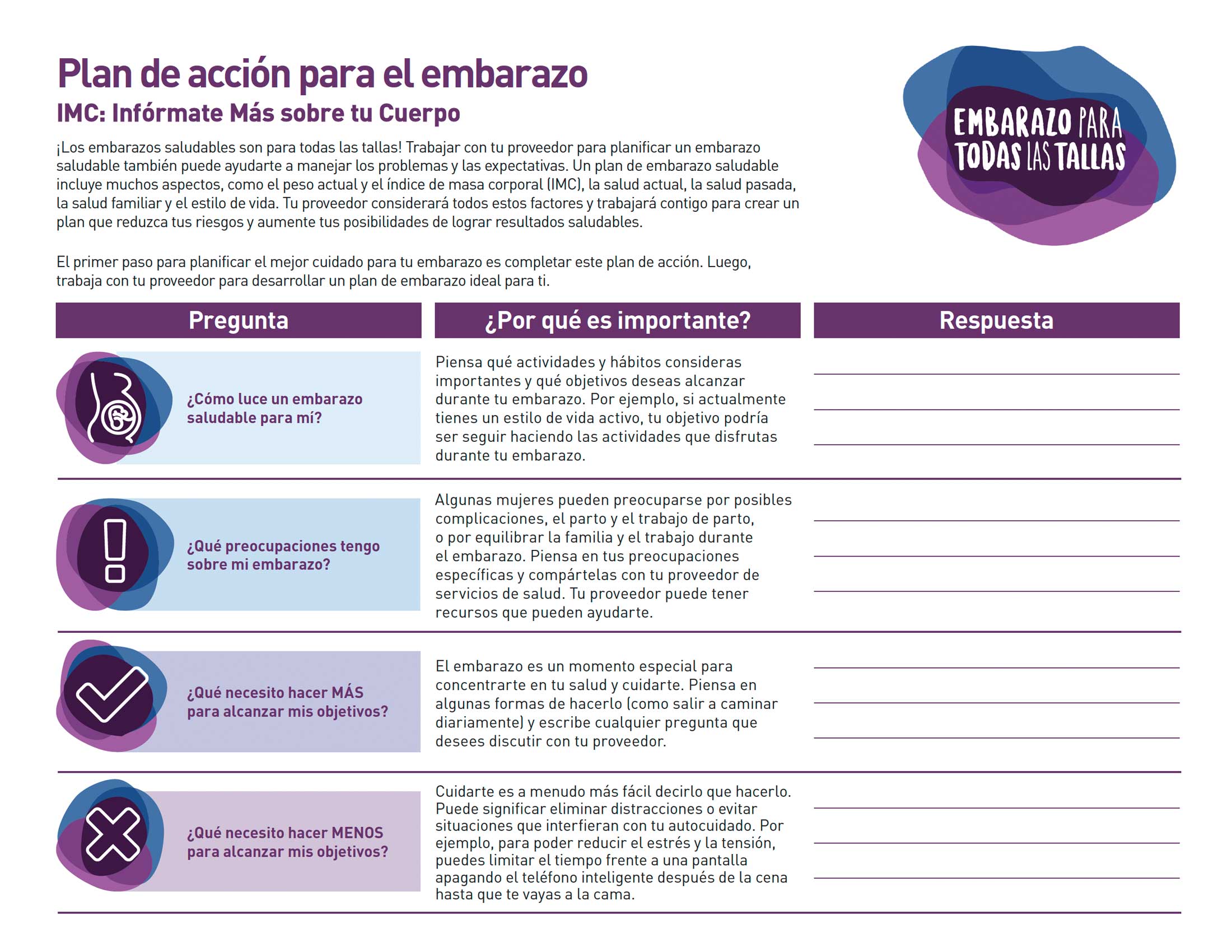 Imagen de la hoja de datos de Embarazo para todas las tallas. Plan de acción para el embarazo.