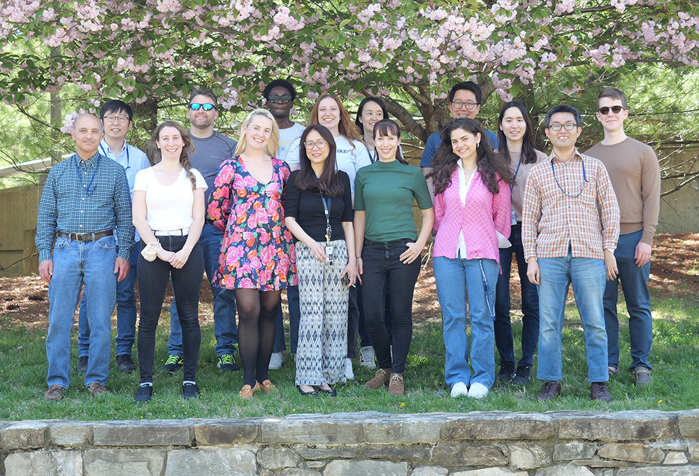 A Spring lab photo on the NIH grounds, April 12, 2022. Back row, from left: Jong Park, Daniel Castranova, Keith Ameyaw, Madeleine Kenton, Kanako Inoue, Jian Ming (Jimmy) Khor, Yehyun (Abby) Kim, John Prevedel. Front row, from left: Brant Weinstein, Leah Greenspan, Aurora Kraus, Van Pham,. Miranda Marvel, Celia Martinez-Aceves, Kiyohito Taimatsu.